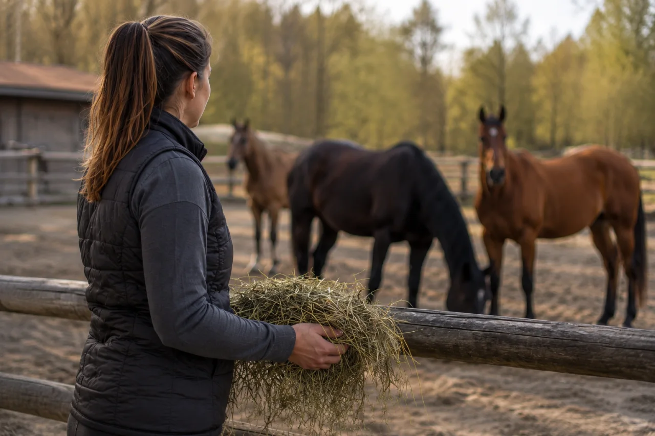 Pferde mit Heu füttern Pferdehalterin füttert Pferde mit Heu am Paddock als Symbol für Heuwechsel und Raufuttermanagement